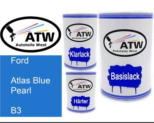 Ford, Atlas Blue Pearl, B3: 500ml Lackdose + 500ml Klarlack + 250ml Härter - Set, von ATW Autoteile West.